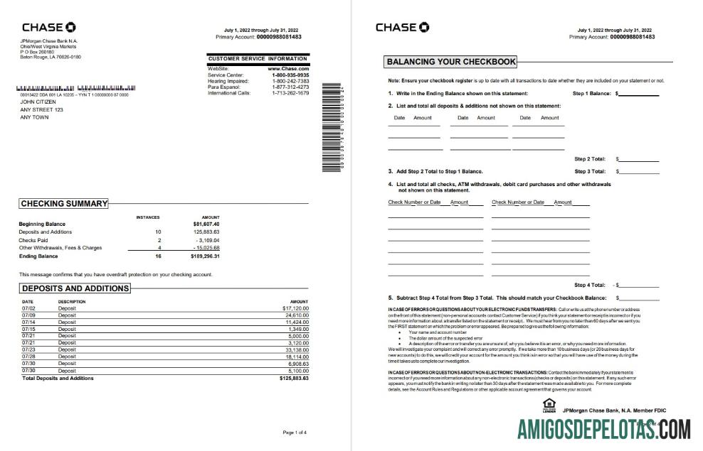 Extrato bancário Chase dos EUA para impressão, modelo Word e PDF, 4 páginas